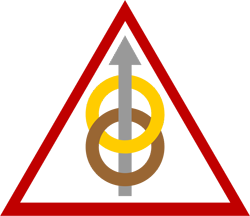 A red triangle enclosing two vertically placed interlocking rings. The bottom ring is brown and the top ring is gold. A silver arrow points upward, starting just above the bottom border of the triangle, passing through the interlocking rings, and ending in a triangle point just inside the upper corner of the bounding triangle.